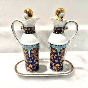 Vintage Signed  Limoges Casa Elite Bacchus Oil & Vinegar Cruet Set 2 Jars Bottle